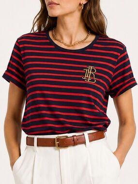 Ralph Lauren Navy & Red Striped Short Sleeve Tee with Gold Crest Logo Medium
